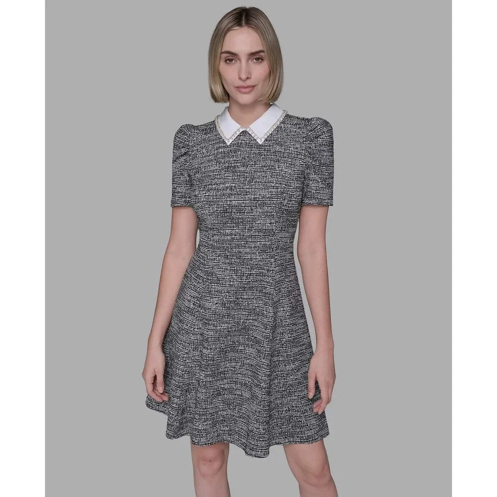 Karl Lagerfeld Paris Tweed Mini Dress Black Whte Faux Pearl Short Puff Sleeve 12 - Picture 1 of 16